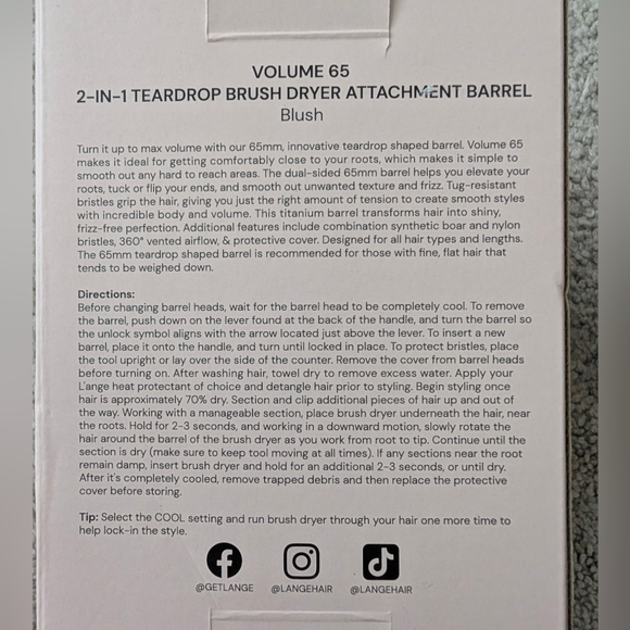 l’ange Volume 65 2-in-1 Teardrop Brush Dryer Attachment Barrel Blush Open Box - Picture 6 of 11